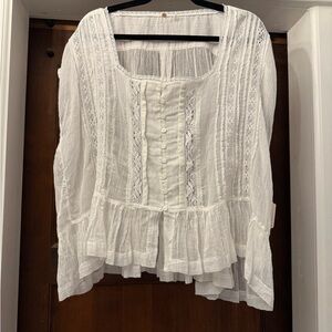 Free People Cream Smocked Ruffled Blouse